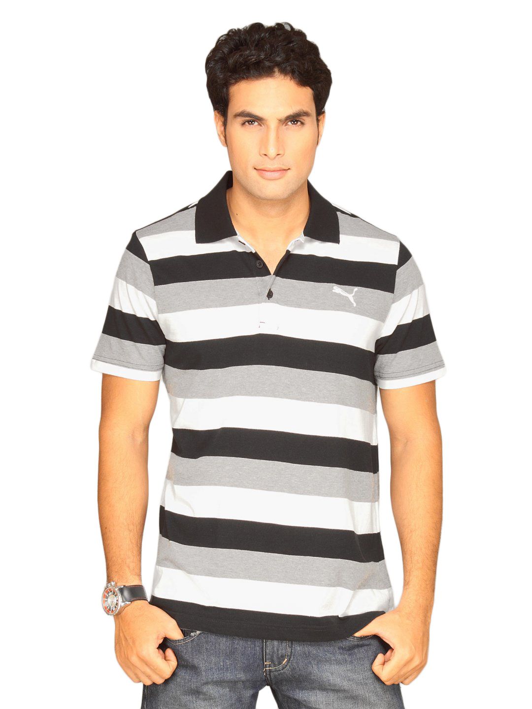 Puma Mens Stripe Polo Black T-shirt