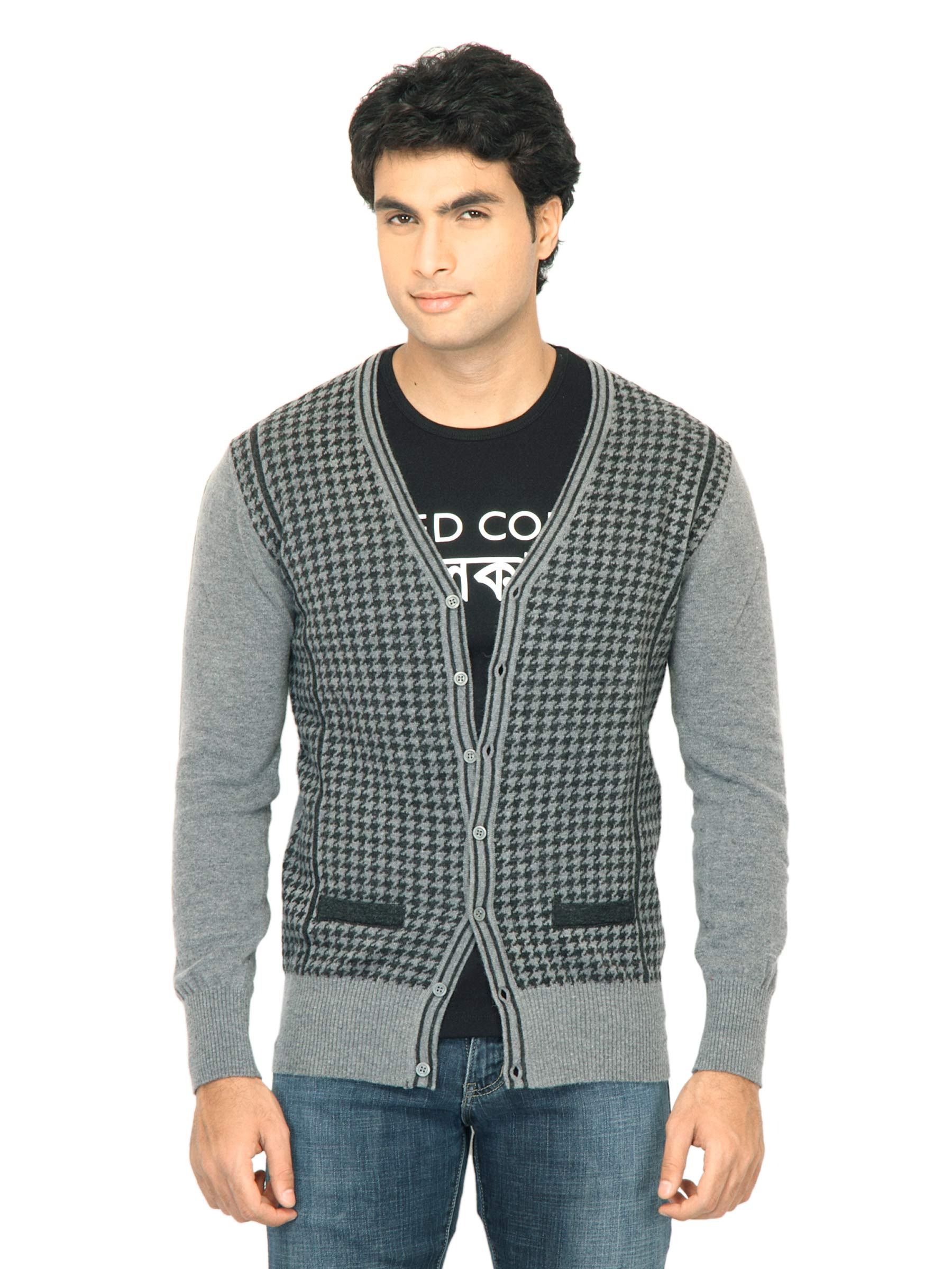 United Colors of Benetton Men Check Grey Sweater