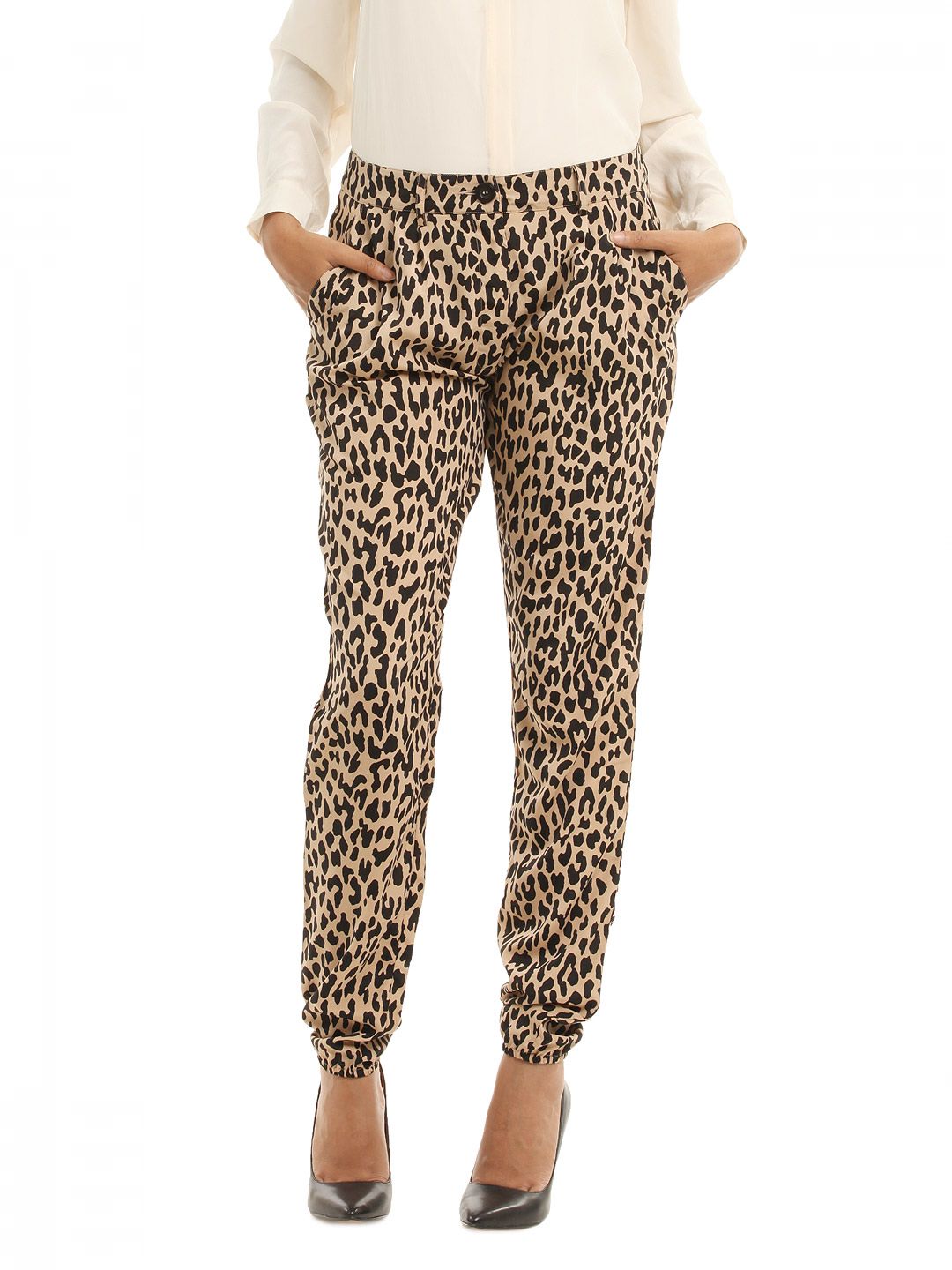 Femella Women Black Animal Print Trousers